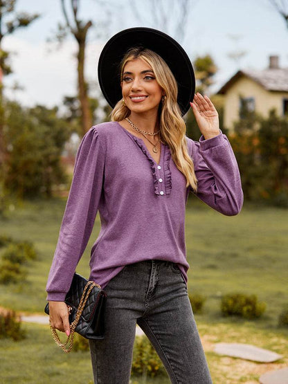 Puff Sleeve Ruffle Trim Blouse Trendsi 587e5eaf09234c099d116cf802f1433a-Max