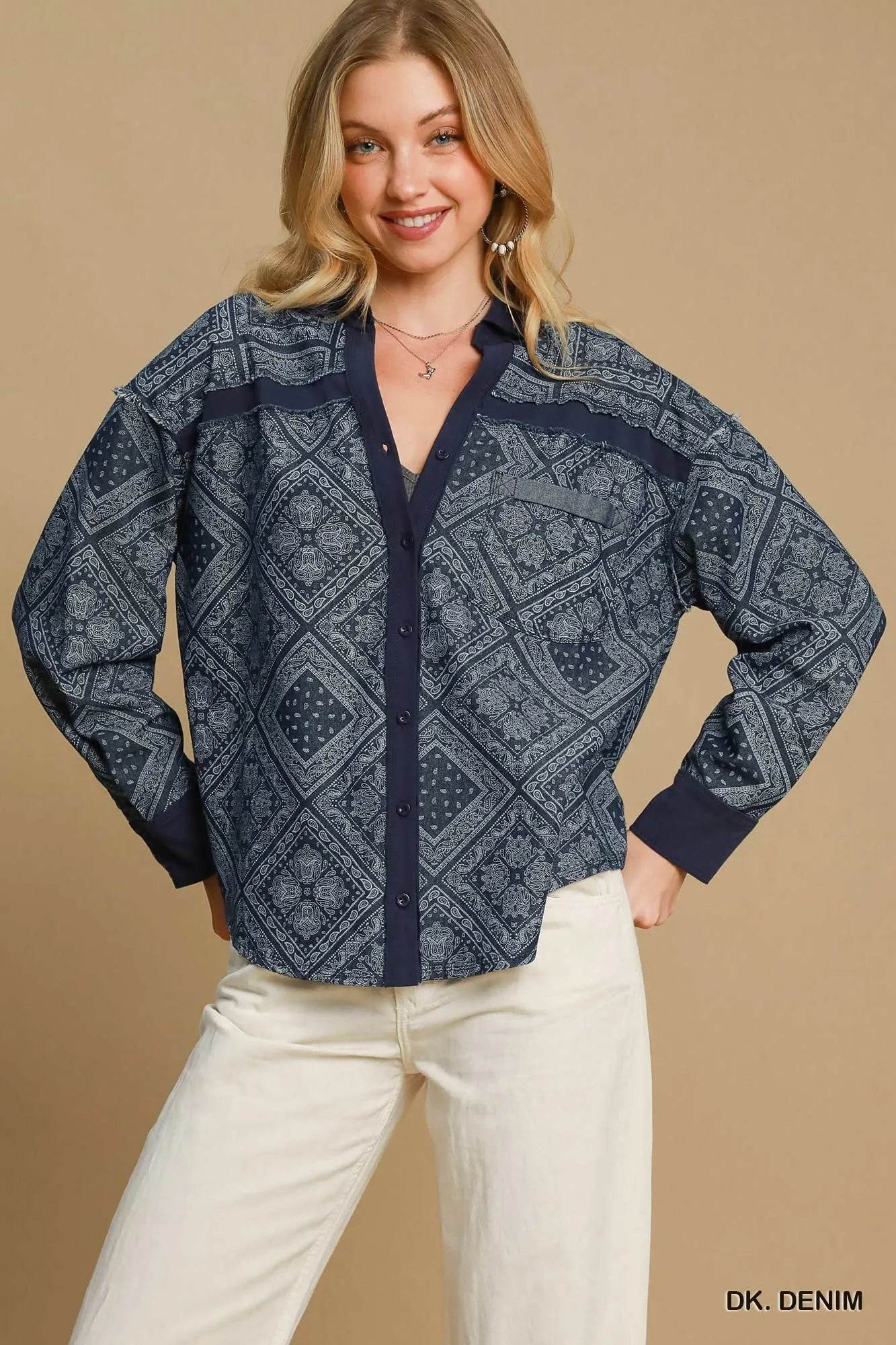 Umgee Paisley Print Denim Shirt Jacket DK. DENIM Trendsi 58b7c880-392d-41af-a423-7d621a0f4fa3-Max-Origin