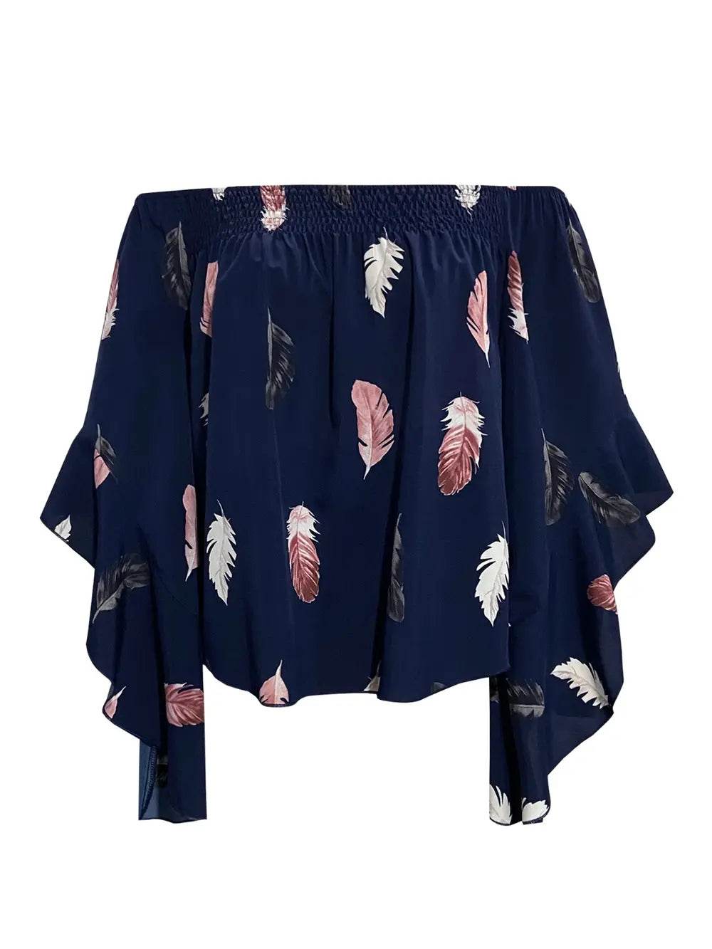 Feather Print Smocked Off-Shoulder Blouse Trendsi 58c46fb70f2b49b0981fd15ea60d1ab9-Max