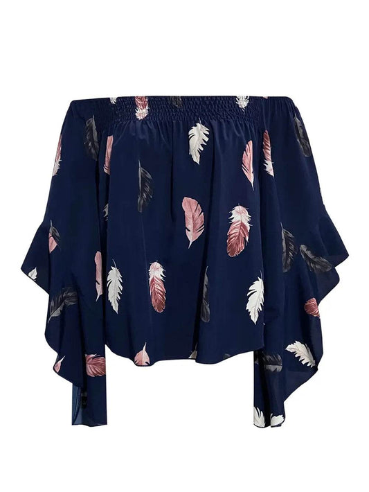 Feather Print Smocked Off-Shoulder Blouse Trendsi 58c46fb70f2b49b0981fd15ea60d1ab9-Max