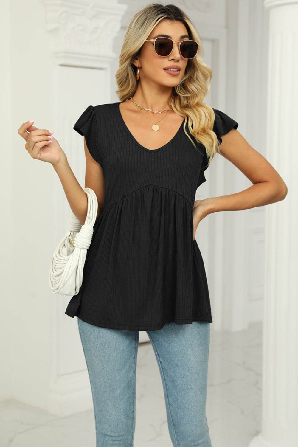 V-Neck Flutter Sleeve Babydoll Blouse Trendsi 58c920a871374b8aa7e6f29f7fc41454-Max