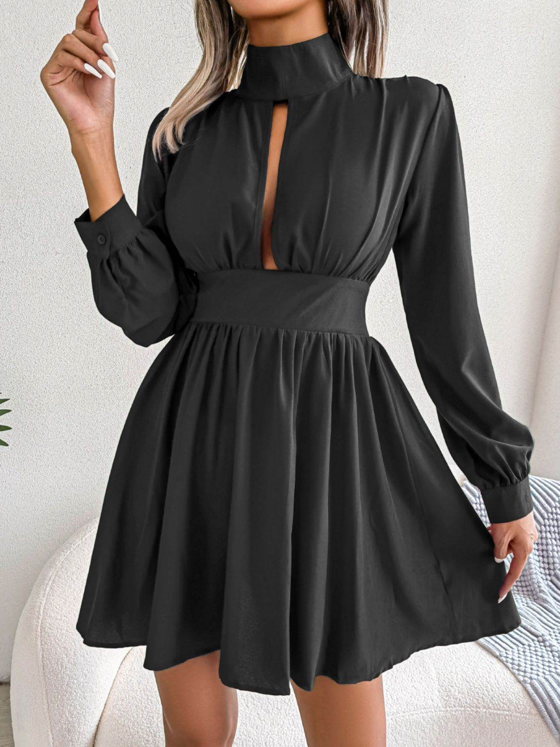 Cutout Turtleneck A-Line Mini Dress Black Trendsi 58ccd94f6cdc4a7a9b847a7d4bf7ae53-Max