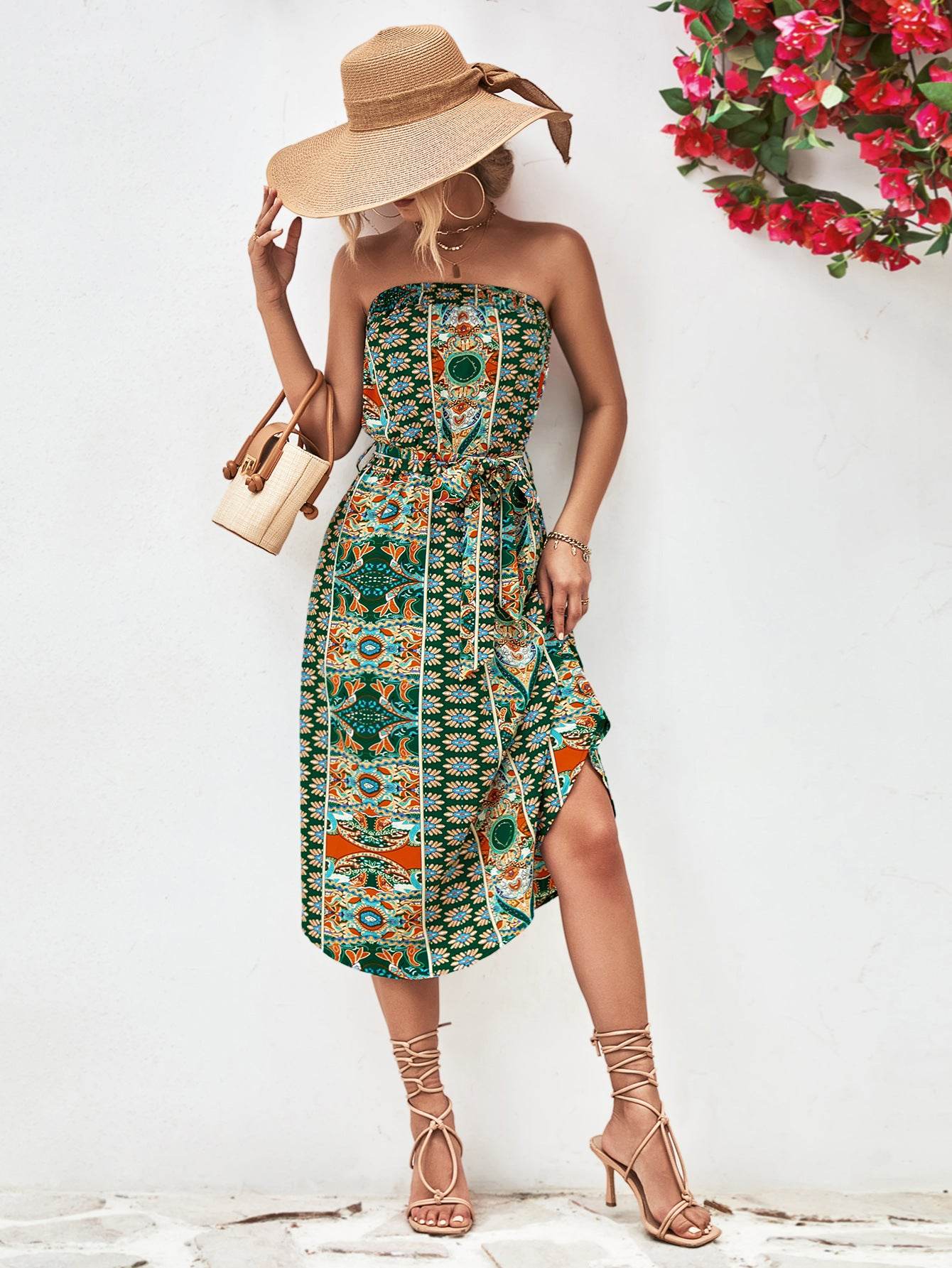 Printed Strapless Tie Belt Dress Trendsi 58e670fe11384c07a6f12d8f62b22783-Max