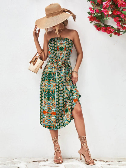 Printed Strapless Tie Belt Dress Trendsi 58e670fe11384c07a6f12d8f62b22783-Max