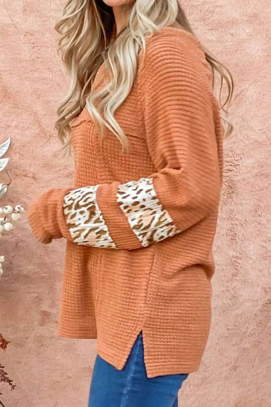 Waffle-Knit Leopard Long Sleeve Slit Blouse Trendsi 5905dfc0ec9f4a06bce2a372569c0671-Max