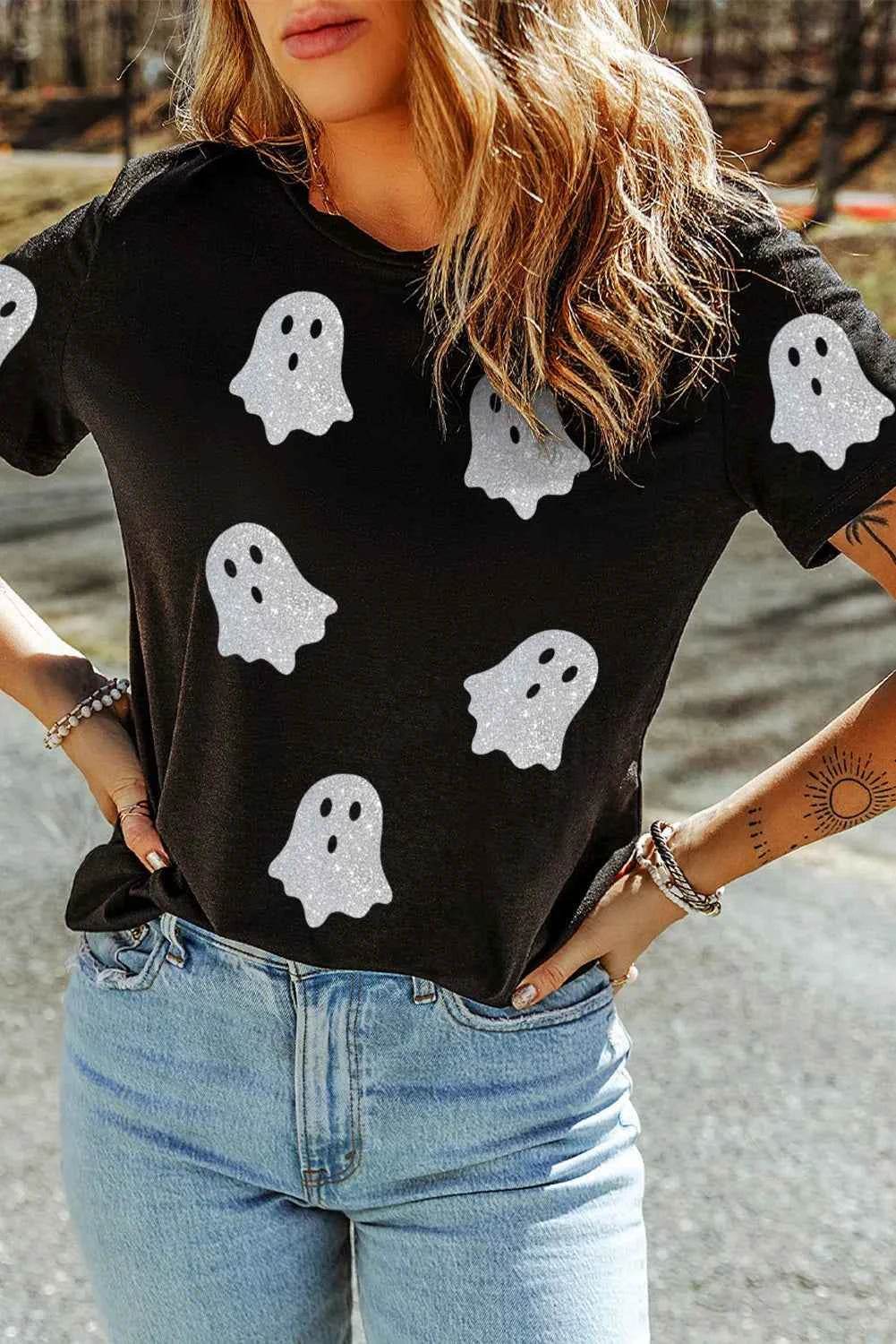 Glitter Ghost Round Neck Short Sleeve T-Shirt Trendsi 59073f67-38ba-4797-845c-367c26d0f758-Max