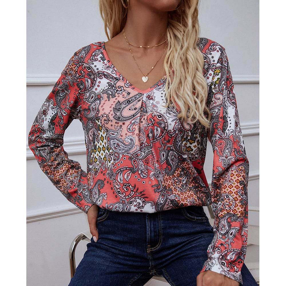 Shiny Printed V-Neck Long Sleeve Blouse Trendsi 590a78256cff40b88483039309146f4d-Max