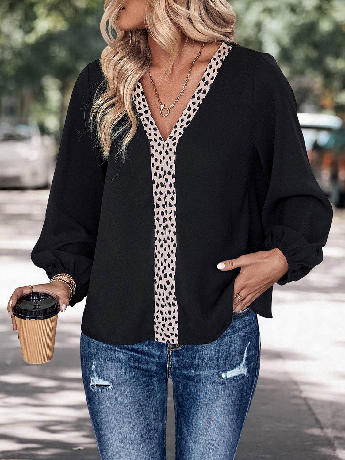 Perfee Contrast V-Neck Long Sleeve Blouse Black Trendsi 59280262c275464fb11153e6f4672984-Max