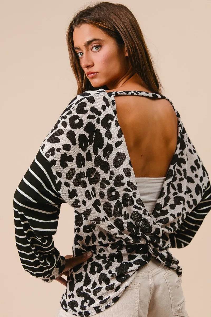 BiBi Leopard Hacci Knit Twist Back Top With Stripe Sleeve Trendsi 595eb75212f94a5daf4d366e780a1872-Max-Origin
