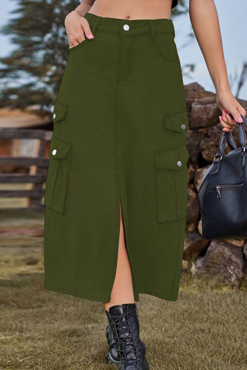 Slit Front Midi Denim Skirt with Pockets Army Green Trendsi 597040b7cfa24ad5b25e40d65f94a02c-Max