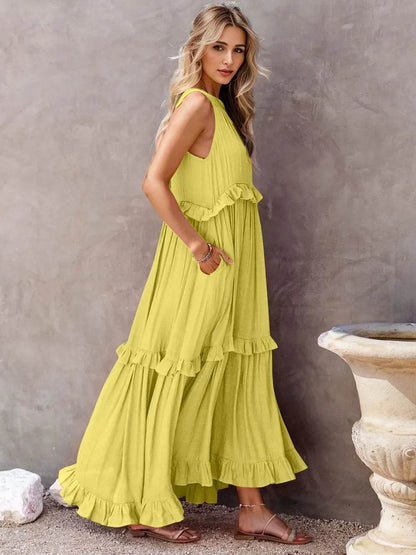 Ruffled Sleeveless Tiered Maxi Dress with Pockets Chartreuse Trendsi 5974481c-a553-4ccf-8207-8f58a71f975c-Max