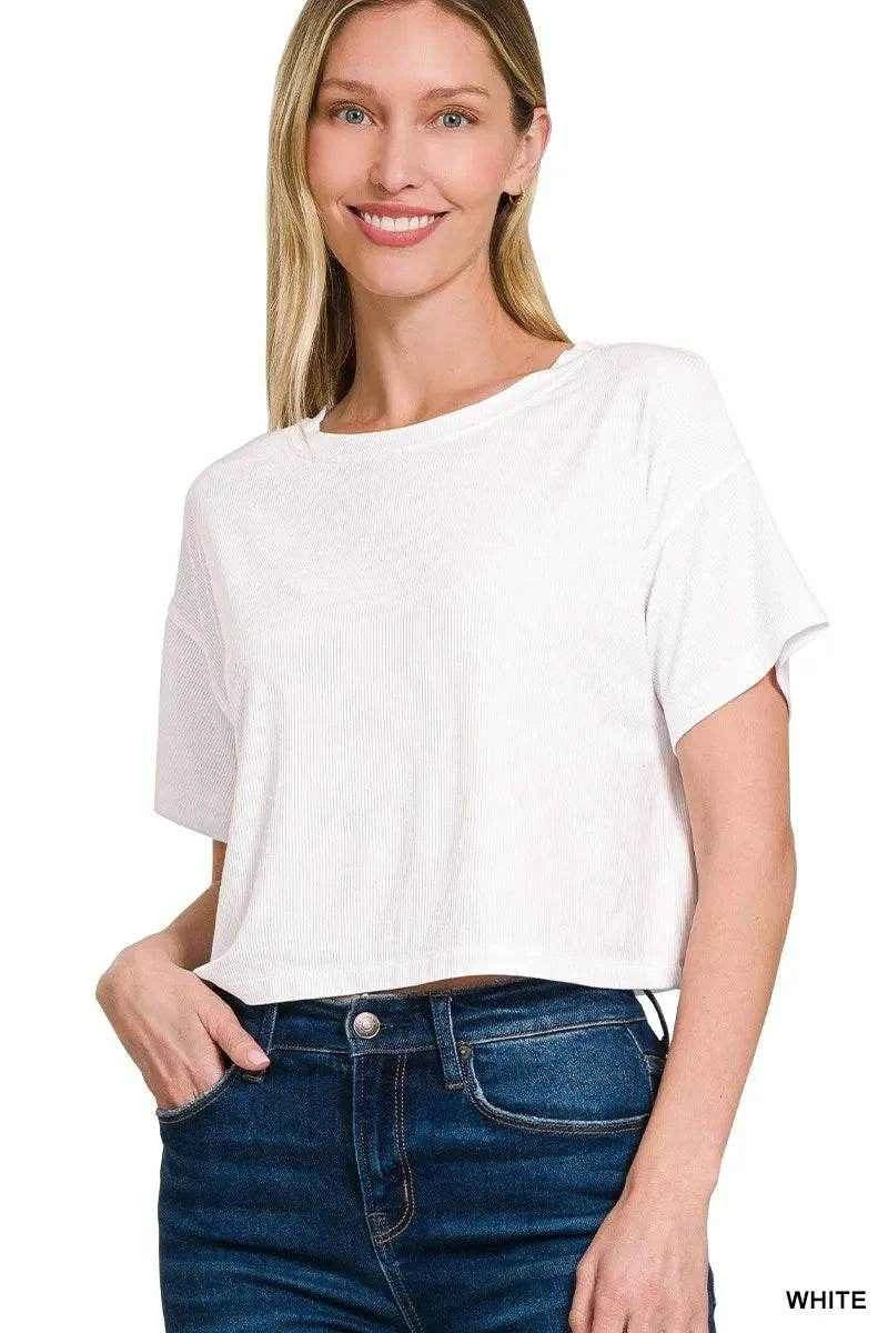Zenana Ribbed Round-Neck Crop T-Shirt WHITE Trendsi 597ccd47440249dcb334df942afd04eb-Max-Origin