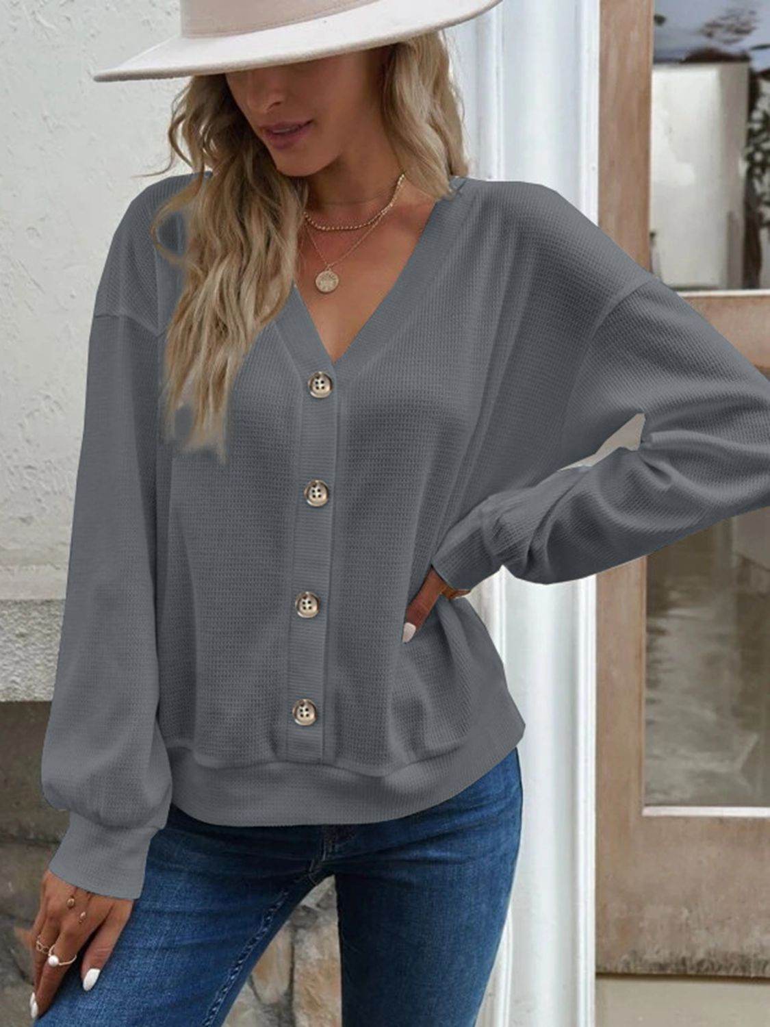 V-Neck Dropped Shoulder Blouse Dark Gray Trendsi 59872fd86db54ad9b1001badaa6928dd-Max