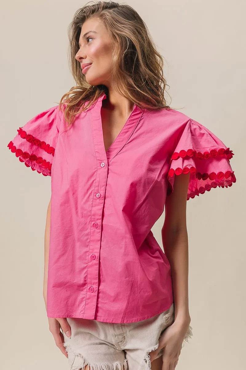 BiBi Dot Trim Flutter Sleeve Notched Top Trendsi 598fb4daadb143fba8f71bbe2167a1fc-Max-Origin
