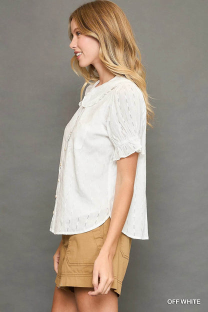 Umgee Peter Pan Collared Button Down Textured Shirt with Ruffled Detail Trendsi 59e14bb4-01ec-41ad-a779-aa89d5c6f7fb-Max-Origin
