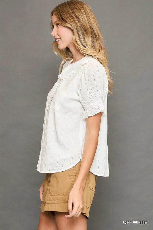 Umgee Peter Pan Collared Button Down Textured Shirt with Ruffled Detail Trendsi 59e14bb4-01ec-41ad-a779-aa89d5c6f7fb-Max-Origin