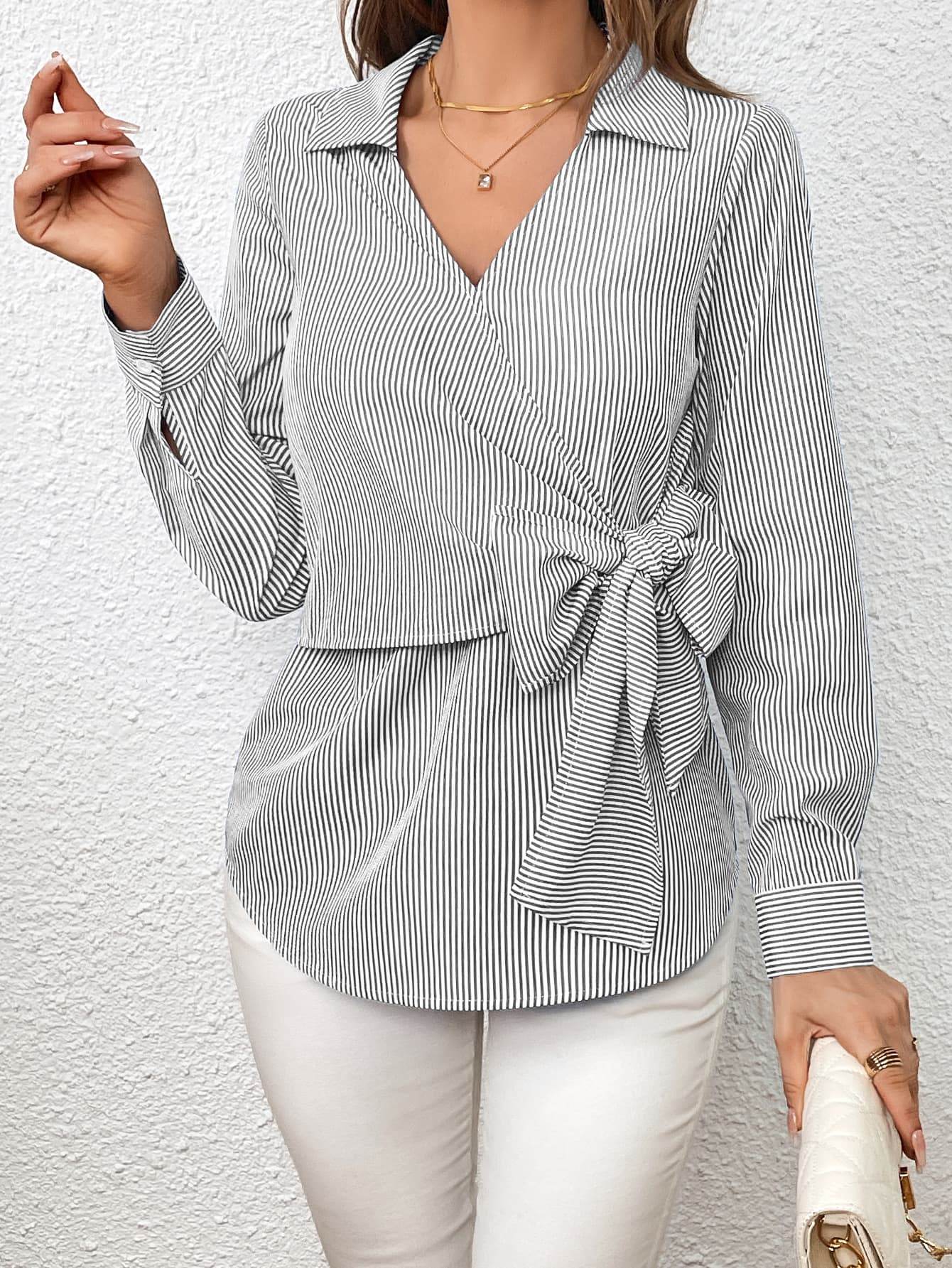 Ivy Lane Bow Tie Waist Johnny Collar Neck Striped Blouse Gray Trendsi 59e1fba5dcf4499ba5647f4d506907a8-Max