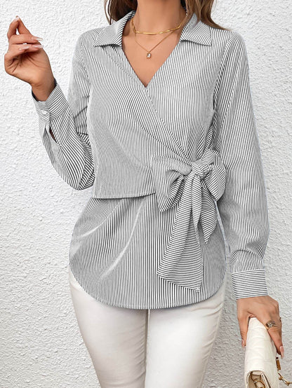 Ivy Lane Bow Tie Waist Johnny Collar Neck Striped Blouse Gray Trendsi 59e1fba5dcf4499ba5647f4d506907a8-Max