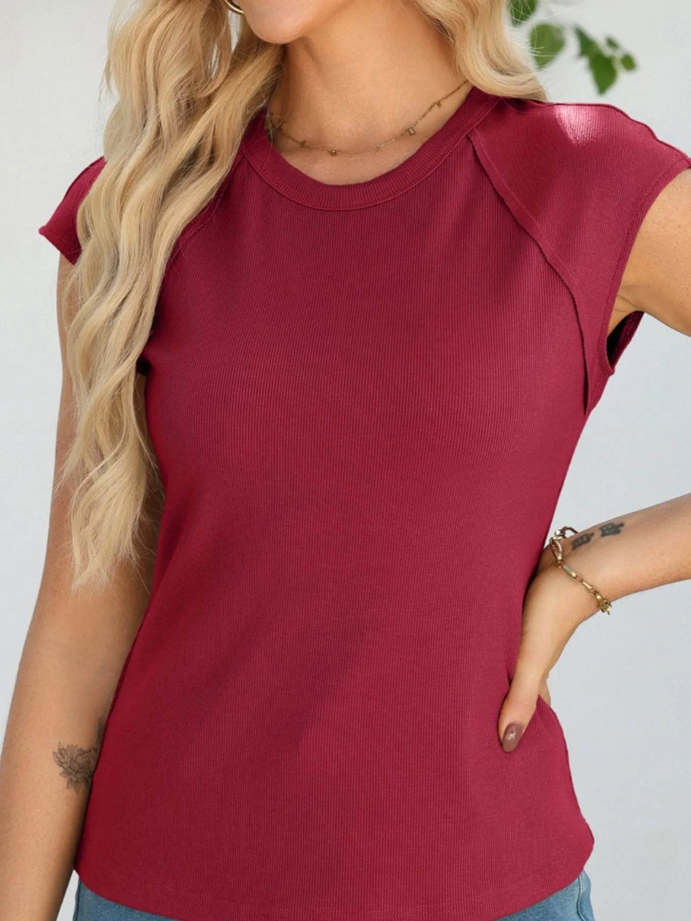 Round Neck Cap Sleeve T-Shirt Burgundy Trendsi 5a05438a-b6db-419c-8ede-ba8bf642810f-Max-Origin