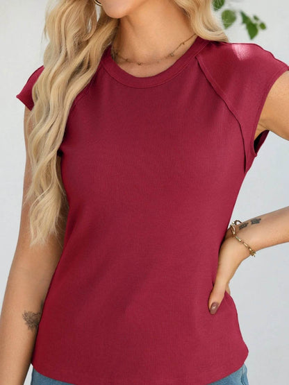 Round Neck Cap Sleeve T-Shirt Burgundy Trendsi 5a05438a-b6db-419c-8ede-ba8bf642810f-Max-Origin