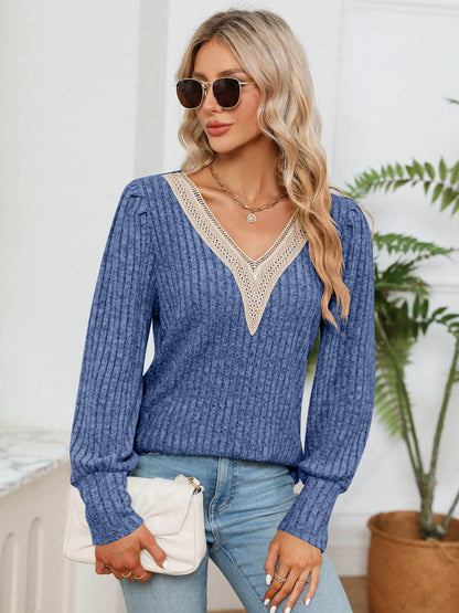 Lace Detail V-Neck Ribbed Blouse Trendsi 5a06e37f516845a2b9dd1665788130d9-Max