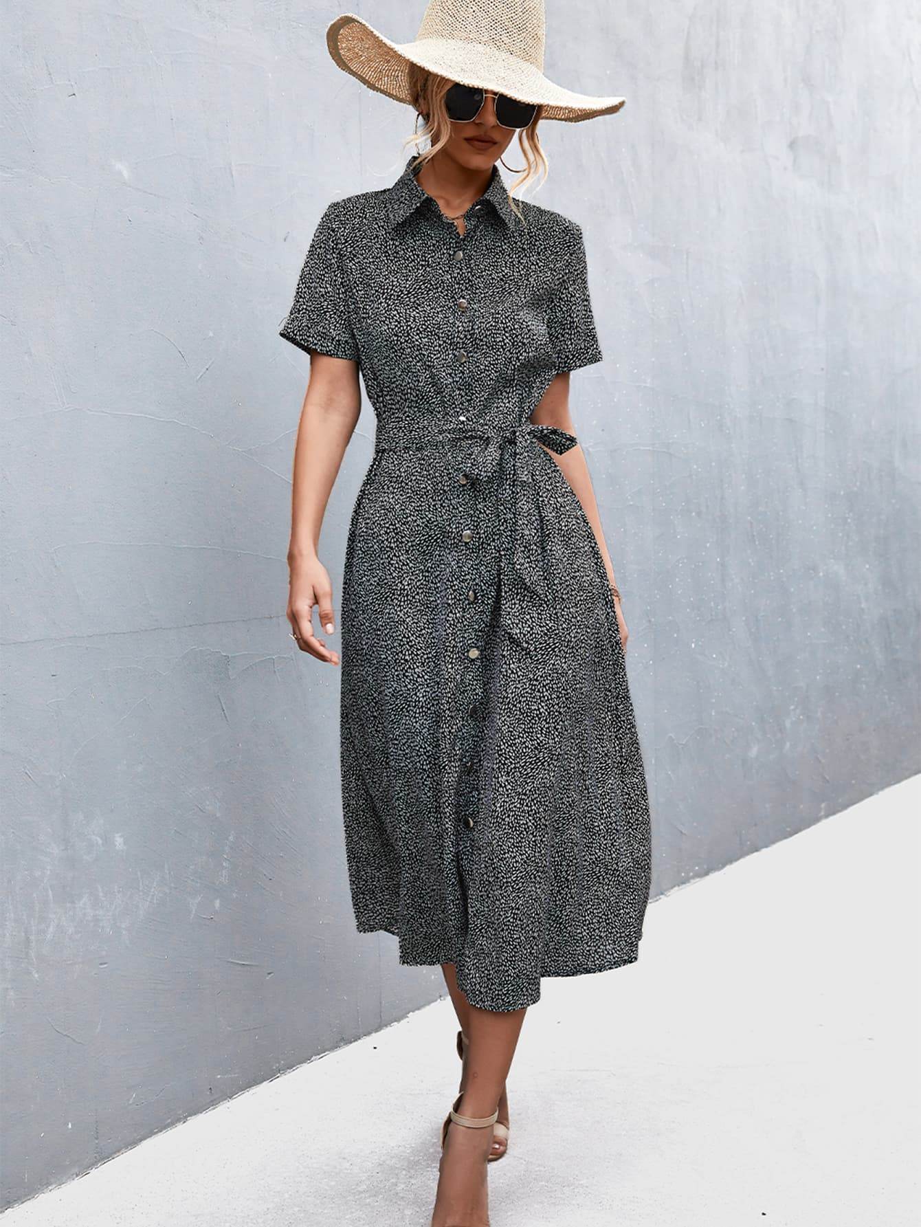 Printed Tie Waist Short Sleeve Shirt Dress Trendsi 5a0c9648206346d6ba979829a48cbf08-Max