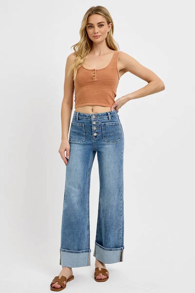 RISEN High Rise Ankle Wide Button Patch Pocket Cuffed Jeans Trendsi 5a1870510c9e438291b09c0765d52161-Max-Origin