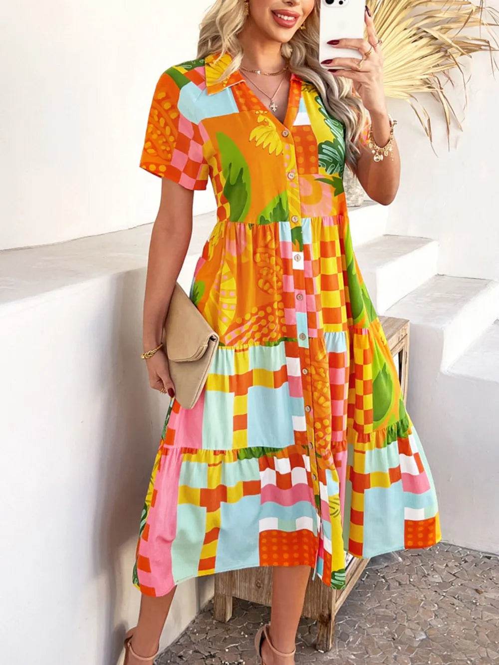Devine Printed Johnny Collar Button Down Short Sleeve Midi Shirt Dress Trendsi 5a193435-f261-4d15-9d8d-c91189a62367-Max