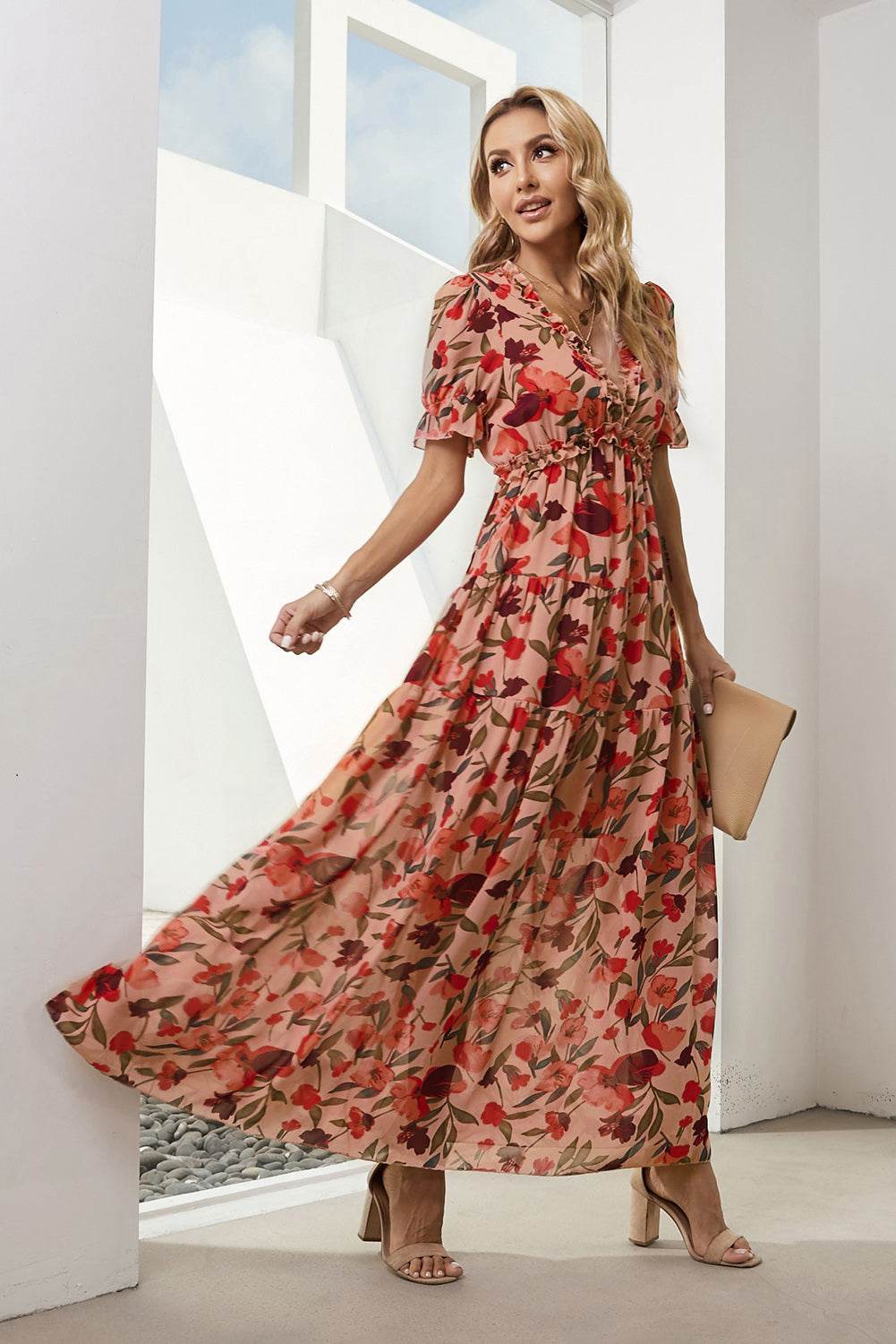 Floral V-Neck Short Flounce Sleeve Dress Trendsi 5a3d80cb218f48a3ba9c5b9c396107f6-Max
