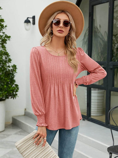 Smocked Round Neck Lantern Sleeve Blouse Burnt Coral Trendsi 5a7208b0f947471d80648a0193973bc9-Max