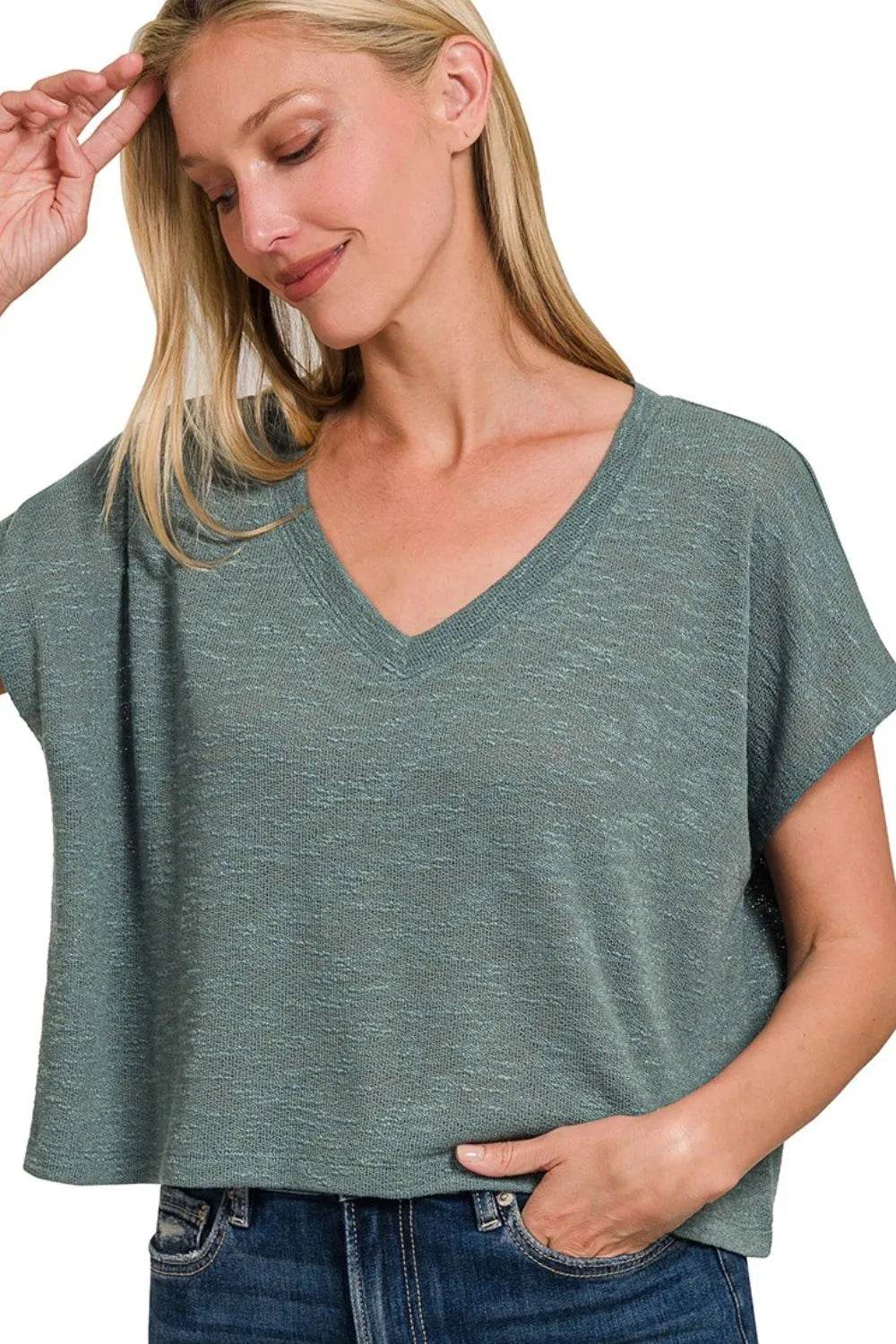 Zenana Hacci Slub V-neck Drop Shoulder Crop Top Trendsi 5a75fe17-8105-4061-8dea-fd0659a90db3-Max-Origin