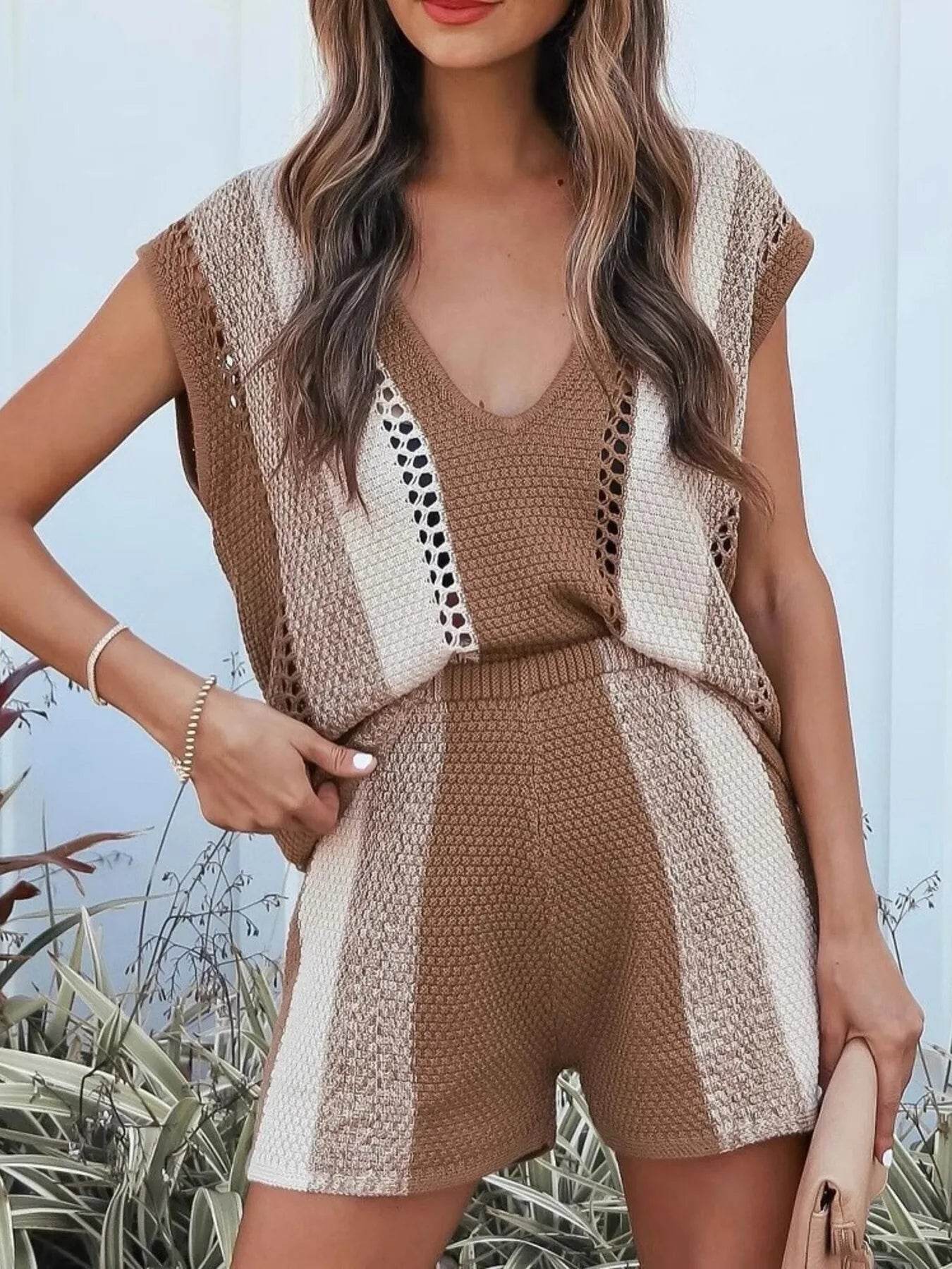 Openwork Color Block V-Neck Top and Shorts Sweater Set Camel Trendsi 5a8a6edd77c248d49a51070290d03343-Max-Origin