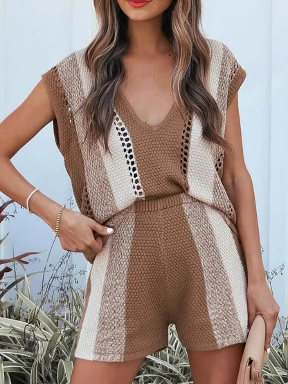 Openwork Color Block V-Neck Top and Shorts Sweater Set Camel Trendsi 5a8a6edd77c248d49a51070290d03343-Max-Origin