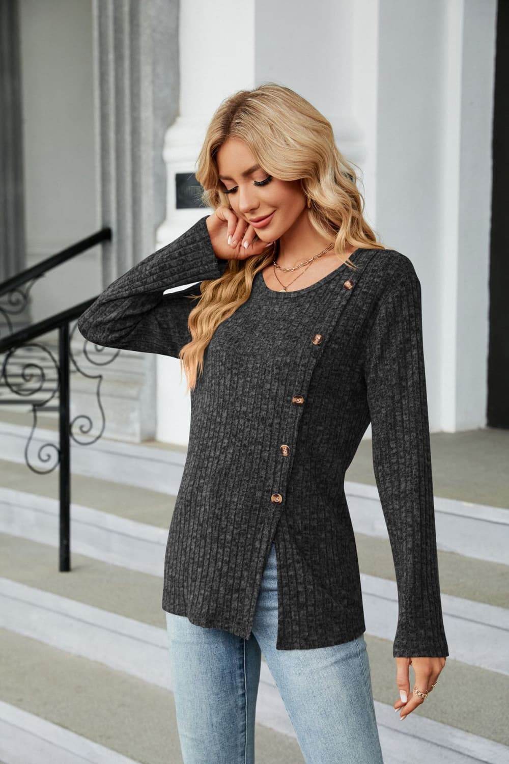 Buttoned Long Sleeve Slit Top Trendsi 5ae4fc8004364694b5f0e51bef6ddafe-Max