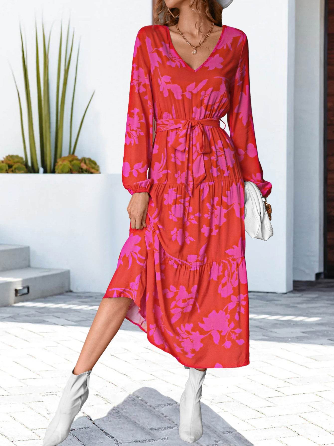 Floral V-Neck Long Sleeve Dress Trendsi 5b055f38717f4bf5a3f53ed31bdfbbff-Max