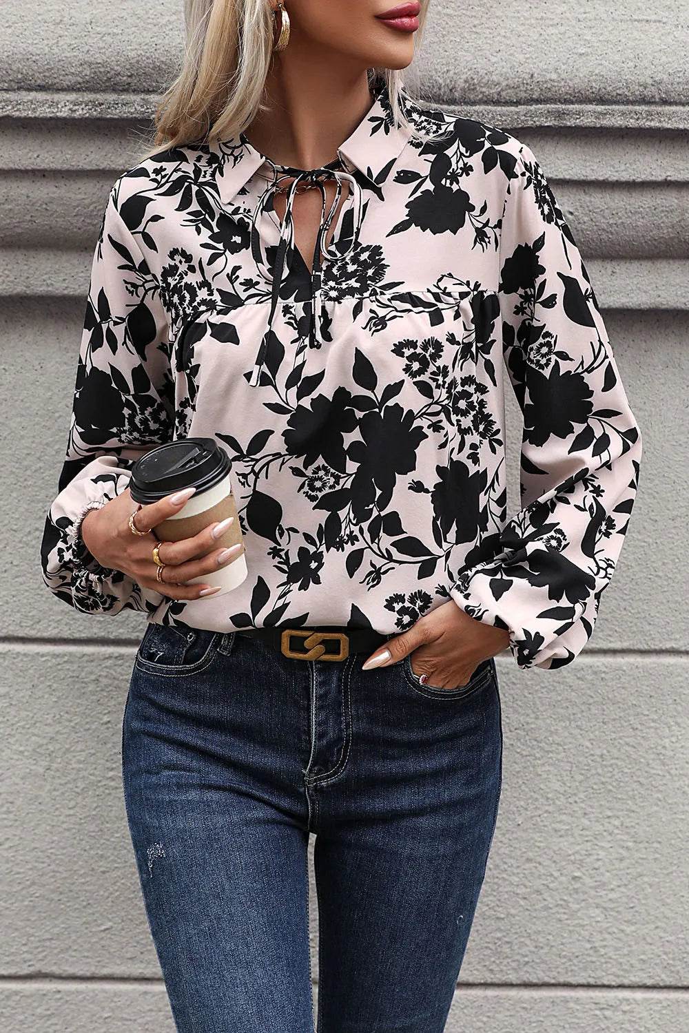 Perfee Printed Tie Neck Balloon Sleeve Blouse Trendsi 5b087734d14a4df4bedf57c87b01d21b-Max