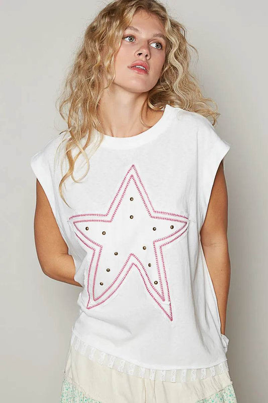 POL Star Patch Studded Sleeveless T-Shirt with Lace Hem Trendsi 5b258442-06c1-4203-9165-9bf40ff17c27-Max-Origin