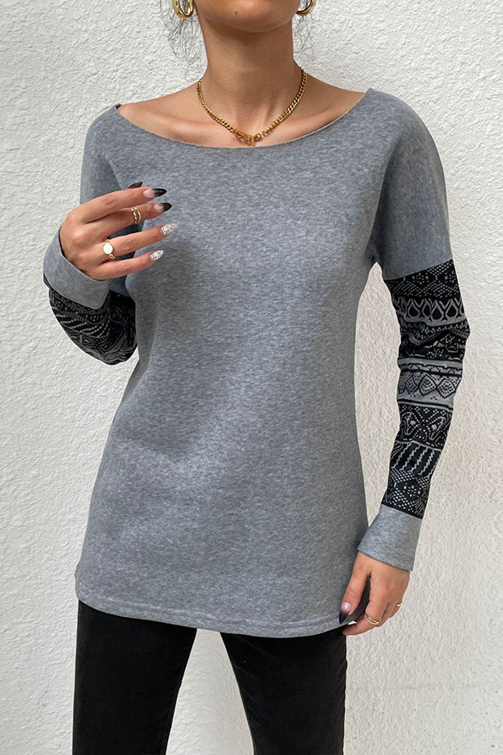 Shiny Boat Neck Long Printed Sleeve Blouse Trendsi 5b50ada482c947628ac610431702e8f6-Max
