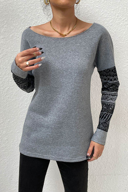 Shiny Boat Neck Long Printed Sleeve Blouse Trendsi 5b50ada482c947628ac610431702e8f6-Max