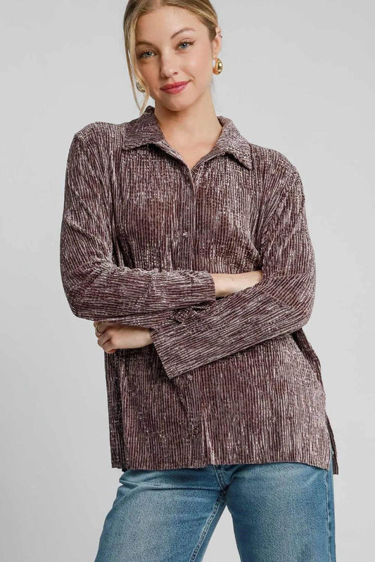 Umgee Side Slit Texture Button Up Shirt Brown Trendsi 5b6ae321-7037-47a0-96b9-fd4e06444b84-Max