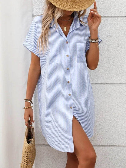 Striped Button Down Short Sleeve Mini Dress Trendsi 5bbcd420-1418-4228-80f9-a305ae541542-Max
