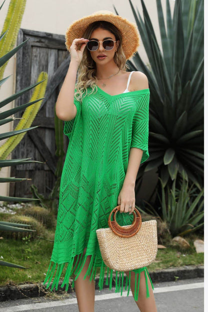 V-Neck Short Sleeve Fringe Hem Knit Dress Green One Size Trendsi 5bc66acf9f084a6d9b7552e8e041a4e2-Max