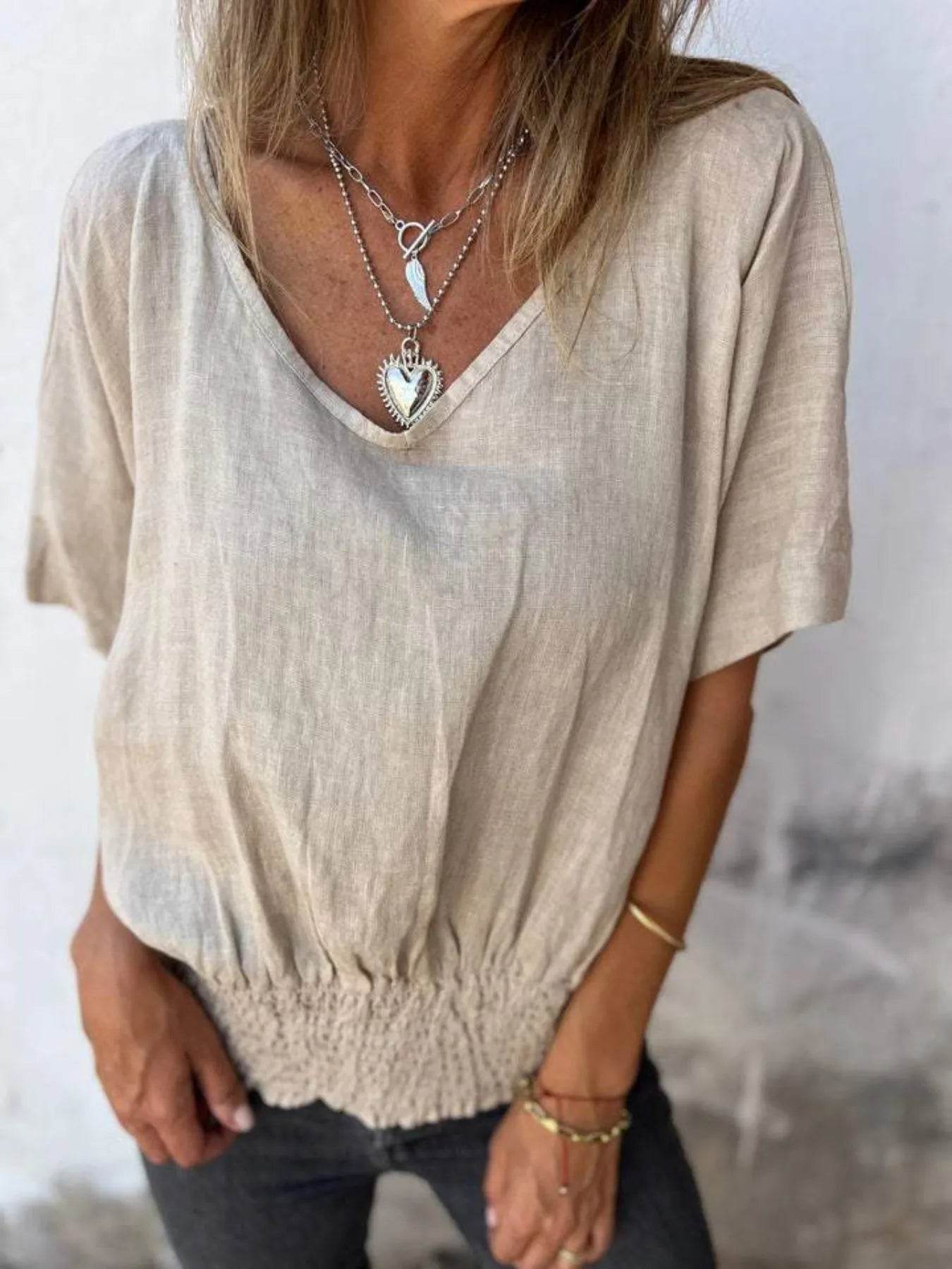 Full Size Smocked Hem V-Neck Relaxed Fit T-Shirt Plus Size Beige Trendsi 5bf6513f-aba0-4bd4-9a79-82a77be4adbc-Max-Origin
