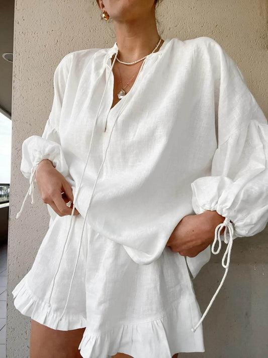 Tie Neck Balloon Sleeve Blouse and Shorts Set White Trendsi 5c1b8807a82f4d508814d73943a60754-Max-Origin