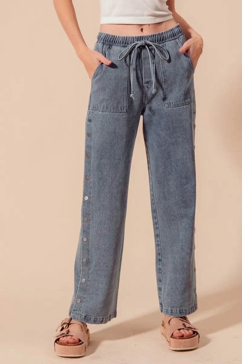 SO ME Mid Rise Drawstring Jeans with Side Snap Button Trendsi 5c656ac3583c4711acb52c6b9e58e5cf-Max-Origin