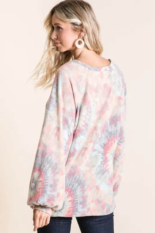 BiBi Brushed Tie Dye Print Top with Puff Sleeves Trendsi 5c6a956fcddc4ac4a964b5893a34c8be-Max-Origin