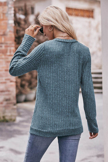 Mandy V-Neck Long Sleeve Ribbed Top Trendsi 5c725b7a7ecb4216a18884367ea3abc6-Max