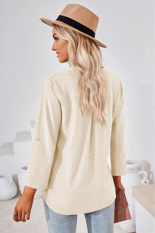 V-Neck Roll-Tap Sleeve Blouse Trendsi 5c882af0c2324ccfa320c4436f1e8659-Max