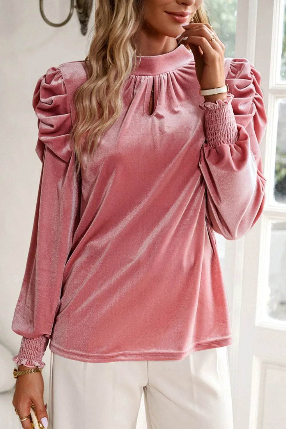 Tie Up Mock Neck Velvet Fabric Long Sleeve Blouse Trendsi 5ca4f211-894f-4805-87a2-69c1ae06f783-Max