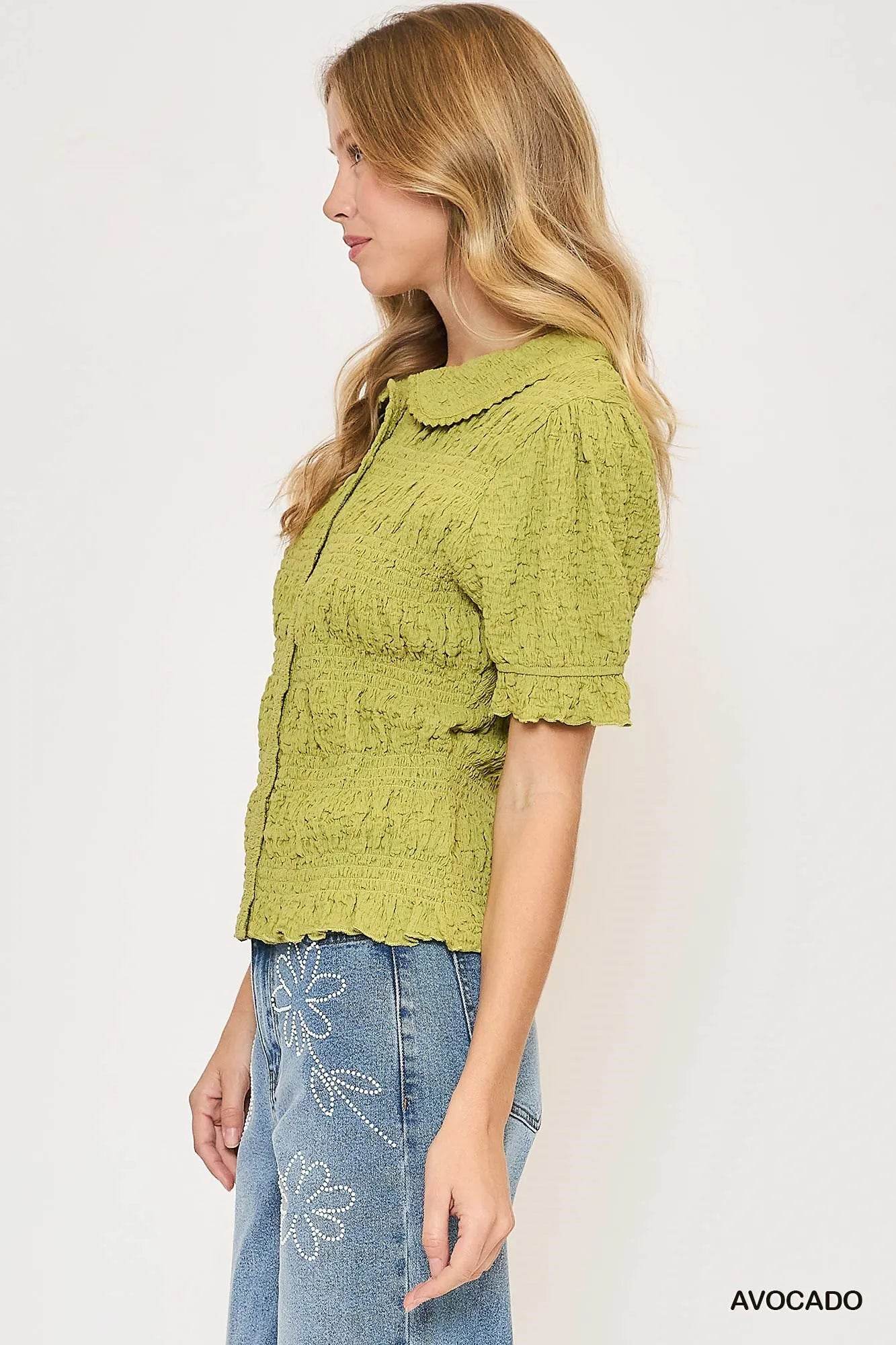 Umgee Smocked Short Sleeve Button-Front Shirt with Peter Pan Collar Trendsi 5ca8bbe8-ca7f-472d-b95a-b8ab36496f82-Max-Origin